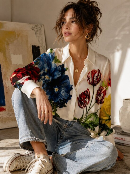 Alice + Olivia Tops - Alice + Olivia 100% Silk Floral Button Front Blouse | Size L